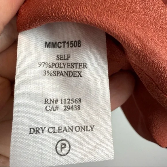 M M Couture Miss Me Rust Blouse w/Ruffle Chest & Smocked Sleeves & Bow Tie Sz M - Picture 12 of 14